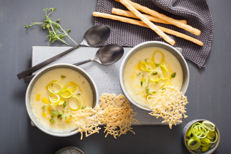 creamy potato and leek soup in bowl 124790202 rotated