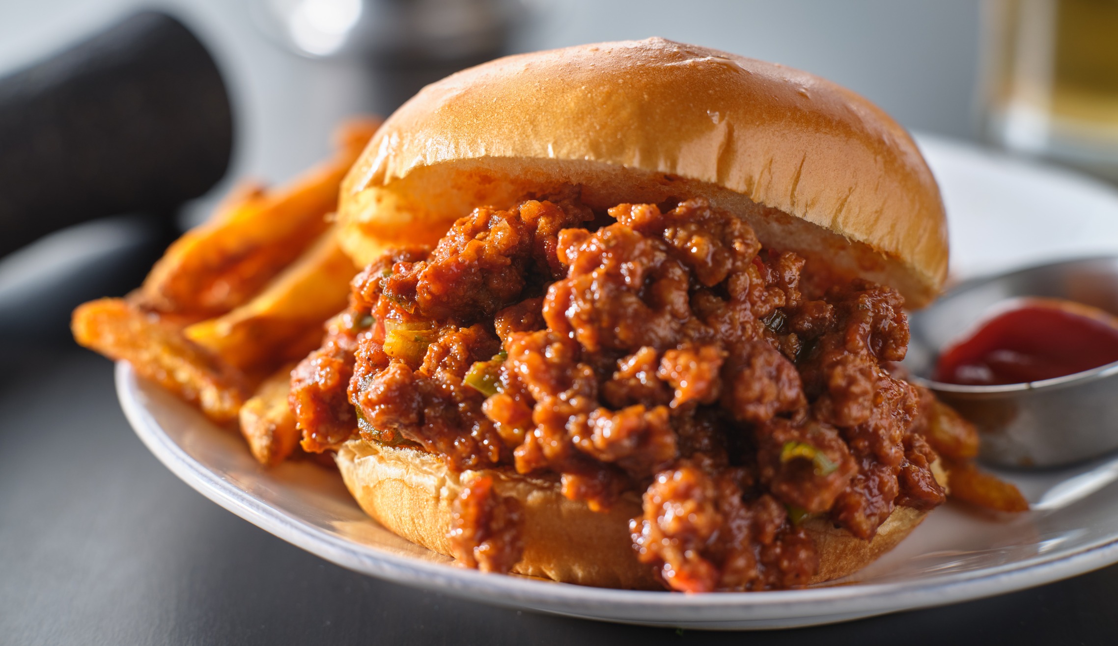 sloppy joe sandwich on plate with french fries and ketchup 1864686251